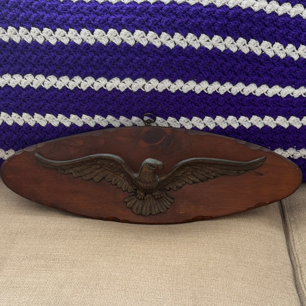 Vintage Wooden Wall Plaque with Cast Metal Eagle Design